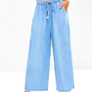 Chambray Denim Wide Leg Culotte Pants Elastic Waist Size Small